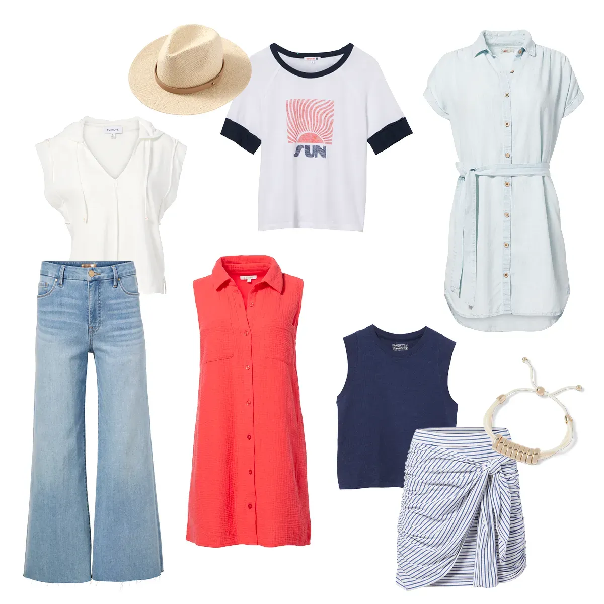 The Capsule Theme Box - A collage of various wardrobe staples and best basics, essential for a capsule wardrobe, including a straw hat, a white hoodie top, a white t-shirt with a sun graphic, a light blue shirt dress, light blue wide-leg jeans, a sleeveless red dress, a navy sleeveless top, a white and blue striped skirt, and a beige bracelet with beads.