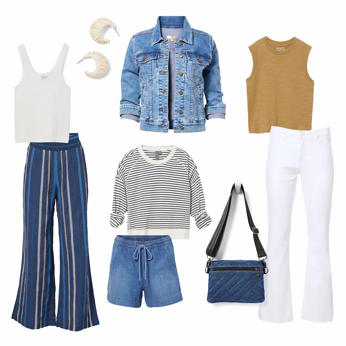 A collage of various clothing items ideal for what to wear on the weekend and a summer vacation packing list. The items include a white tank top, a denim jacket, a tan sleeveless top, blue and white striped pants, blue drawstring shorts, a striped long-sleeve shirt, white pants, a blue crossbody bag, and a pair of shell earrings. These versatile pieces are great for casual outfits.